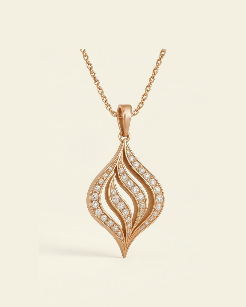 Design render of the Racine necklace in rose gold: a pendant of layered flame shapes on a fine chain.